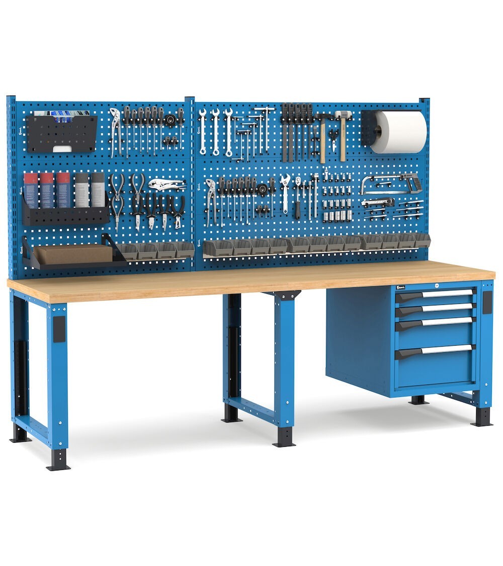 Banco professionale regolabile con parete e 4 cassetti 2x75 1x150 1x200, 250 cm, blu e antracite