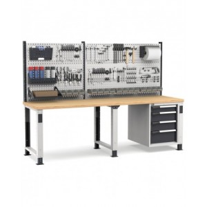 Banco professionale regolabile con parete e 4 cassetti 1x100 2x150 1x200, 250 cm, grigio e antracite