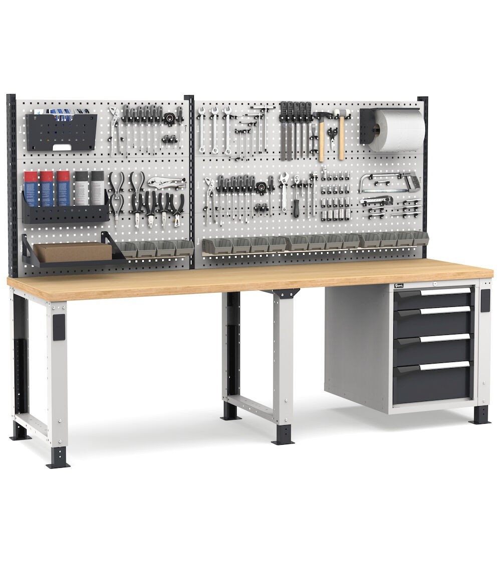 Banco professionale regolabile con parete e 4 cassetti 1x100 2x150 1x200, 250 cm, grigio e antracite