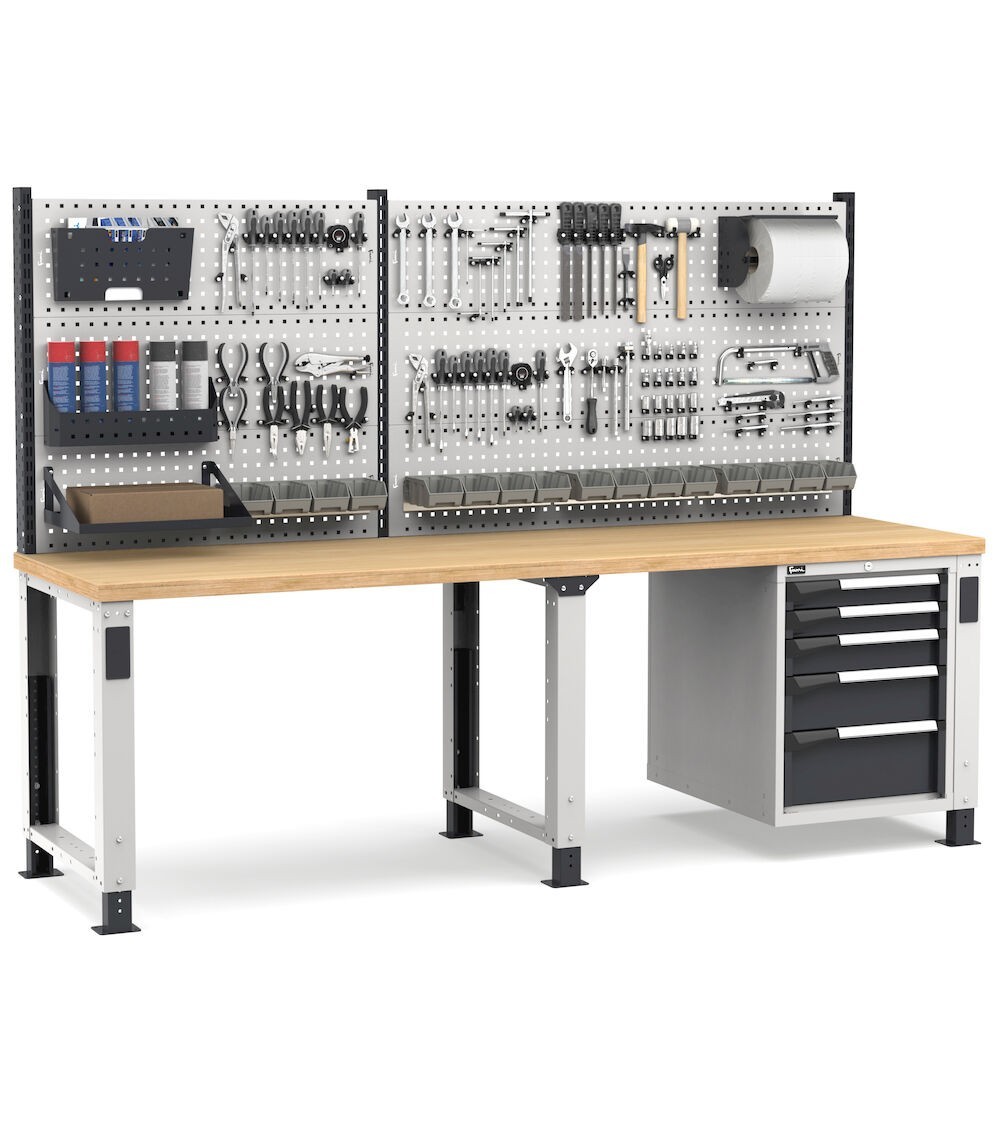 Banco professionale regolabile con parete e 5 cassetti, 250 cm, grigio e antracite