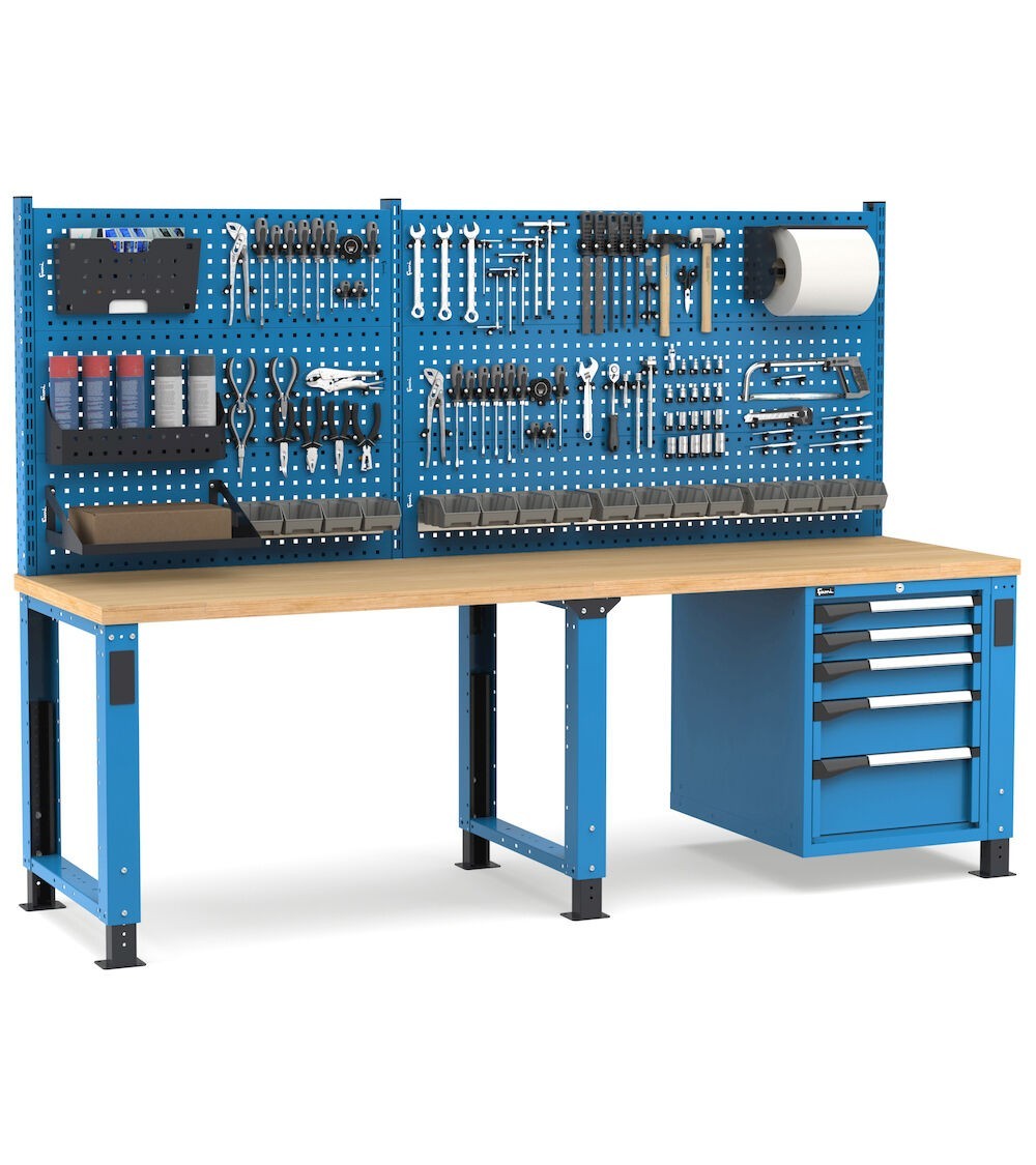 Banco professionale regolabile con parete e 5 cassetti, 250 cm, blu e antracite