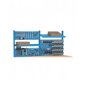 Banco professionale regolabile con parete e 5 cassetti, 250 cm, blu e antracite