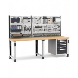 Banco professionale regolabile con parete e 6 cassetti, 250 cm, grigio e antracite