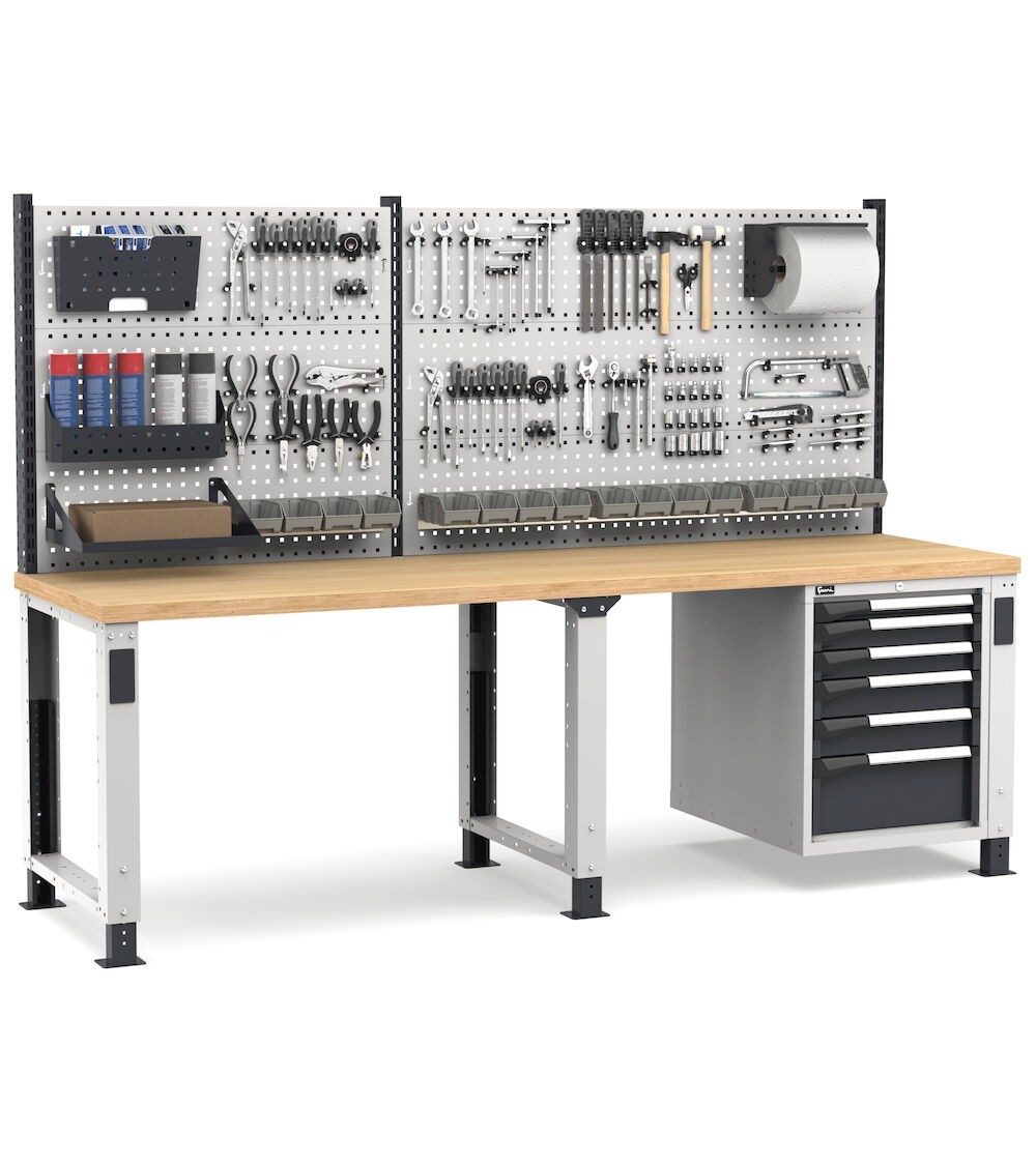 Banco professionale regolabile con parete e 6 cassetti, 250 cm, grigio e antracite