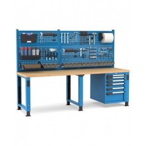 Banco professionale regolabile con parete e 6 cassetti, 250 cm, blu e antracite