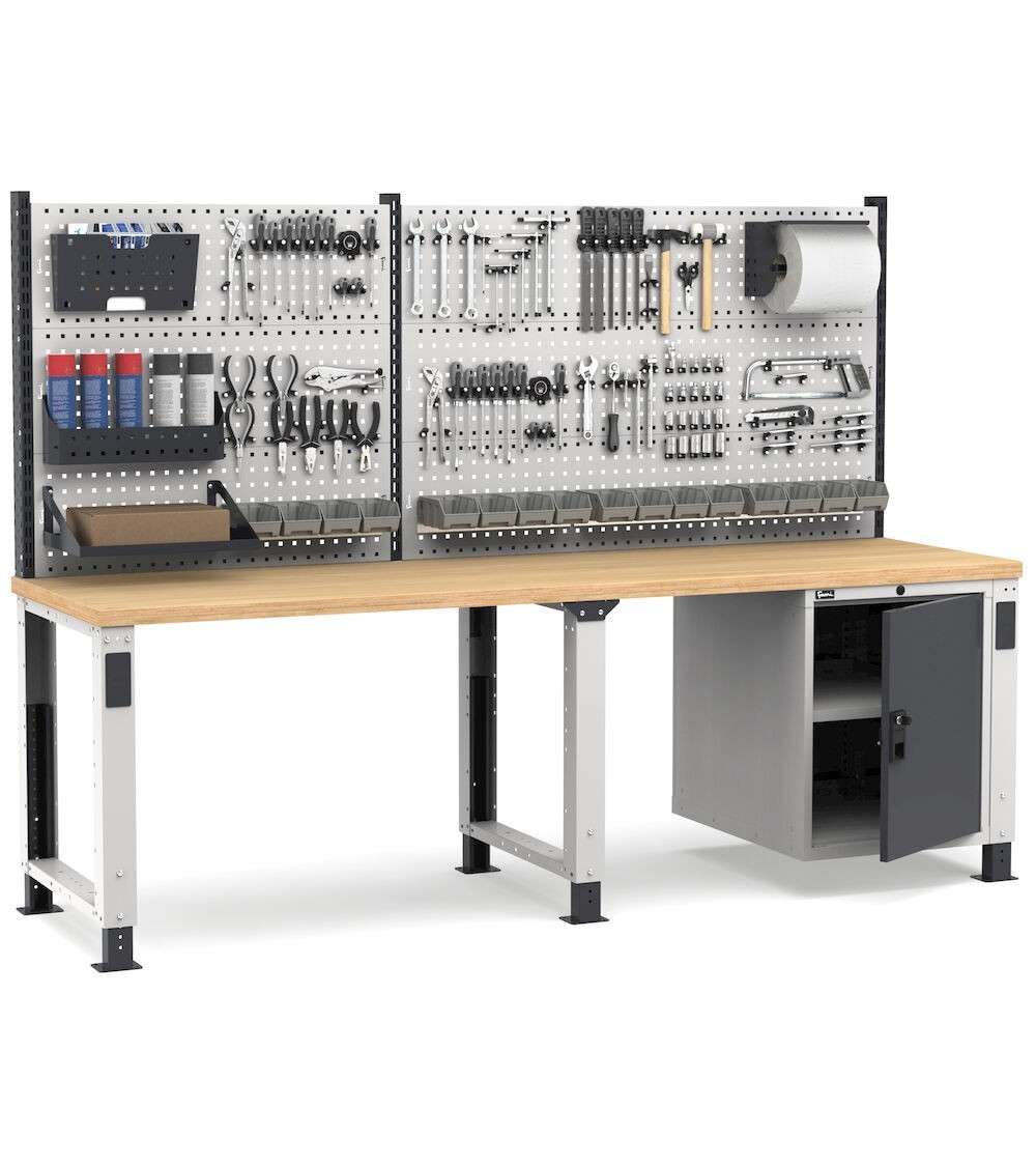 Banco professionale regolabile con parete e porta, 250 cm, grigio e antracite