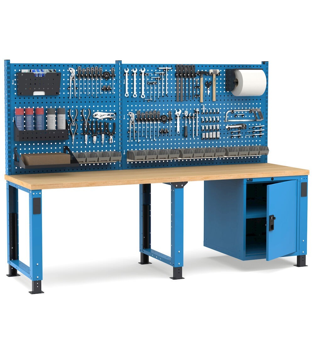 Banco professionale regolabile con parete e porta, 250 cm, blu e antracite