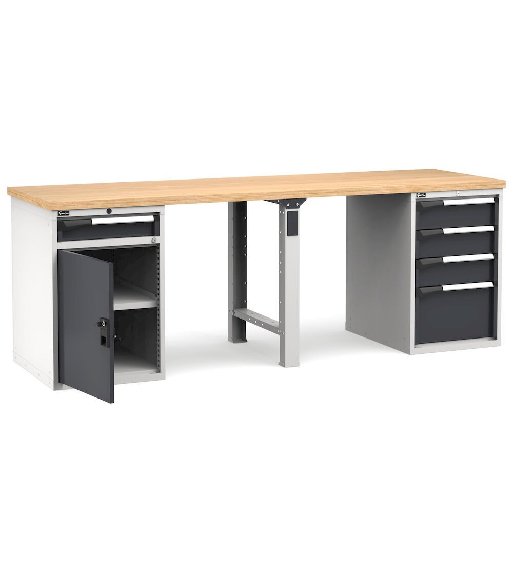 Banco professionale con porta, ripiano regolabile e 5 cassetti, 250 cm, grigio e antracite