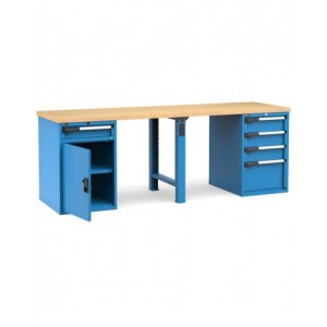 Banco professionale con porta, ripiano regolabile e 5 cassetti, 250 cm, blu e antracite