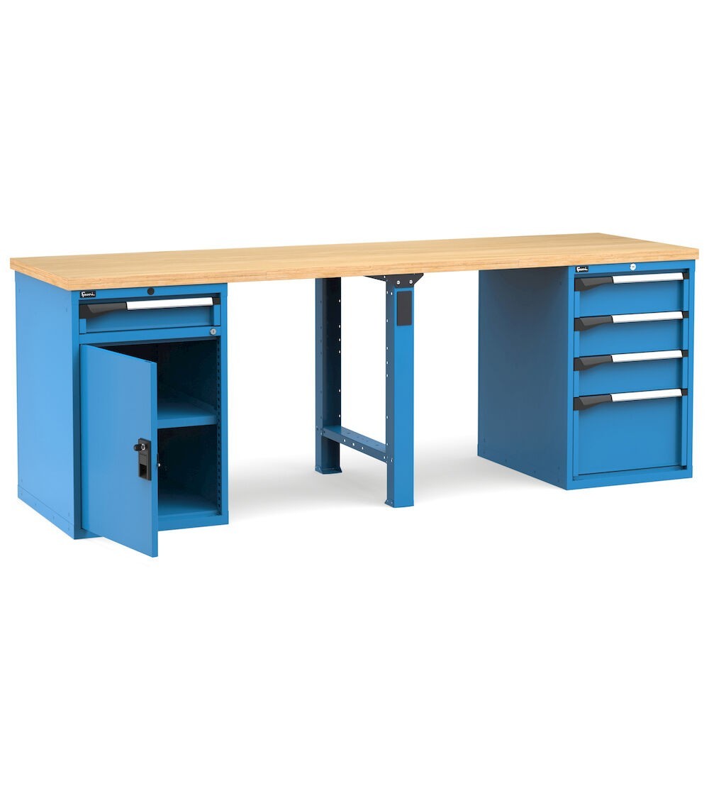 Banco professionale con porta, ripiano regolabile e 5 cassetti, 250 cm, blu e antracite