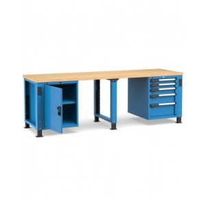 Banco professionale regolabile con 5 cassetti, porta e piano regolabile, 250 cm, blu e antracite