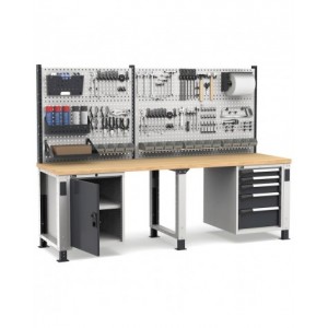 Banco professionale regolabile con parete, 5 cassetti e porta, 250 cm, grigio e antracite