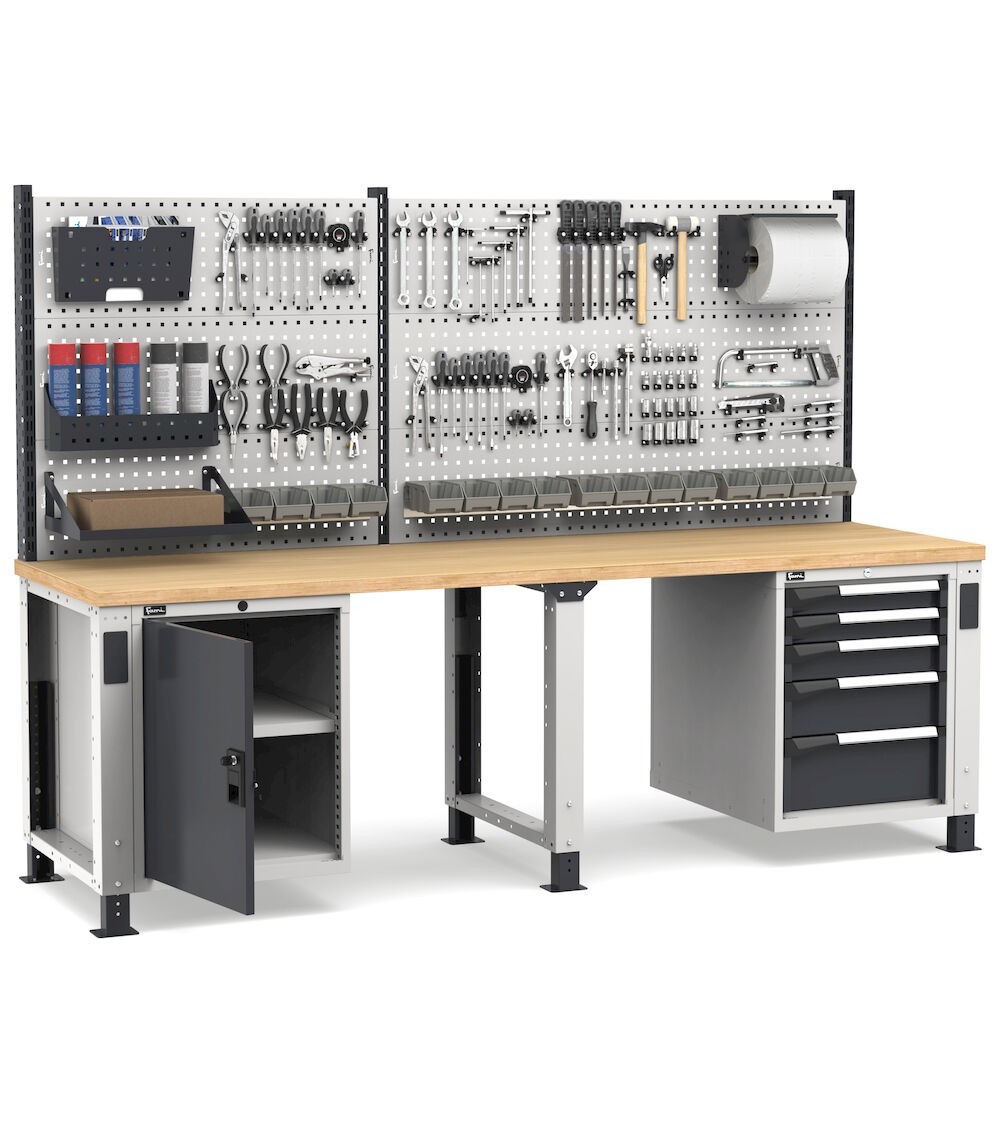 Banco professionale regolabile con parete, 5 cassetti e porta, 250 cm, grigio e antracite