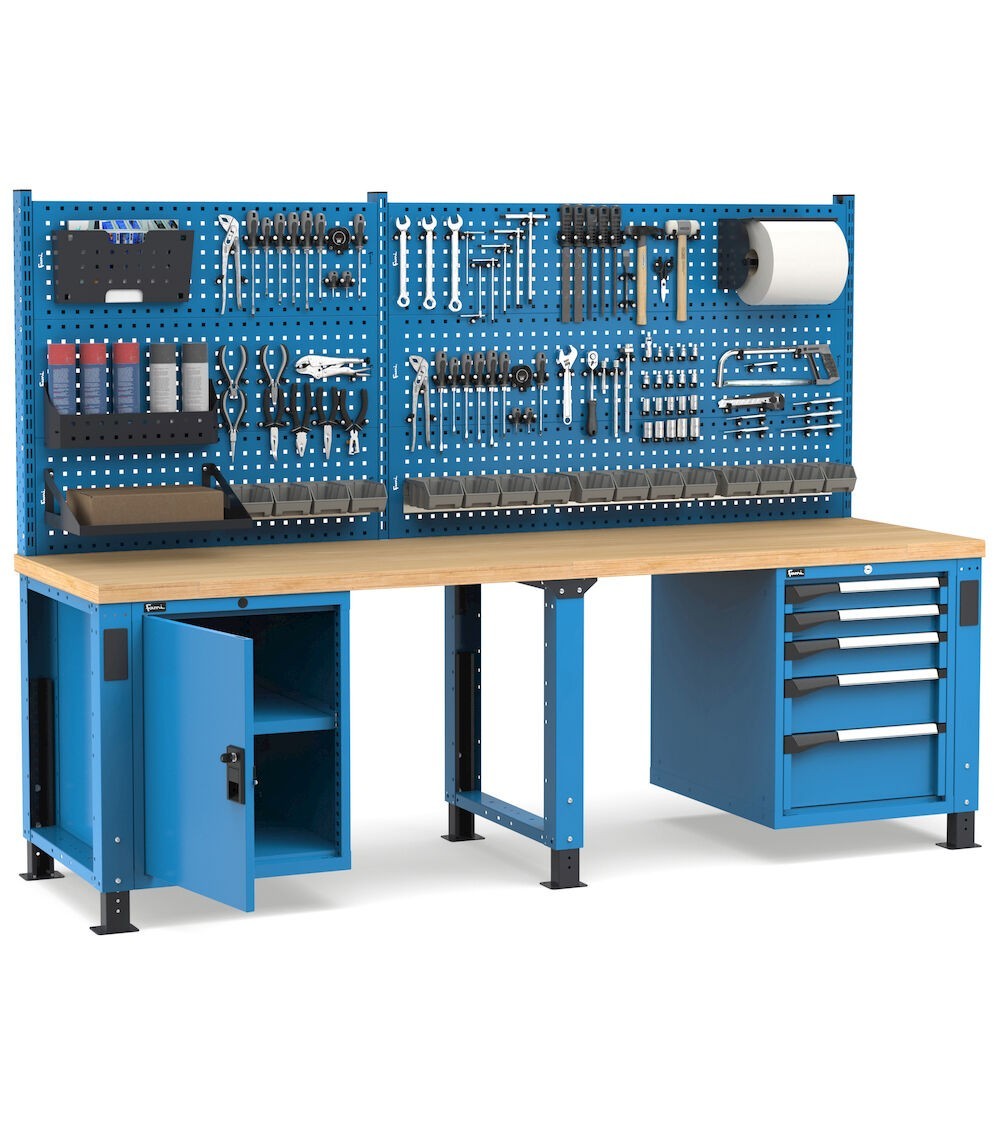 Banco professionale regolabile con parete, 5 cassetti e porta, 250 cm, blu e antracite