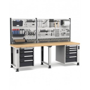 Banco professionale regolabile con parete e 9 cassetti, 250 cm, grigio e antracite