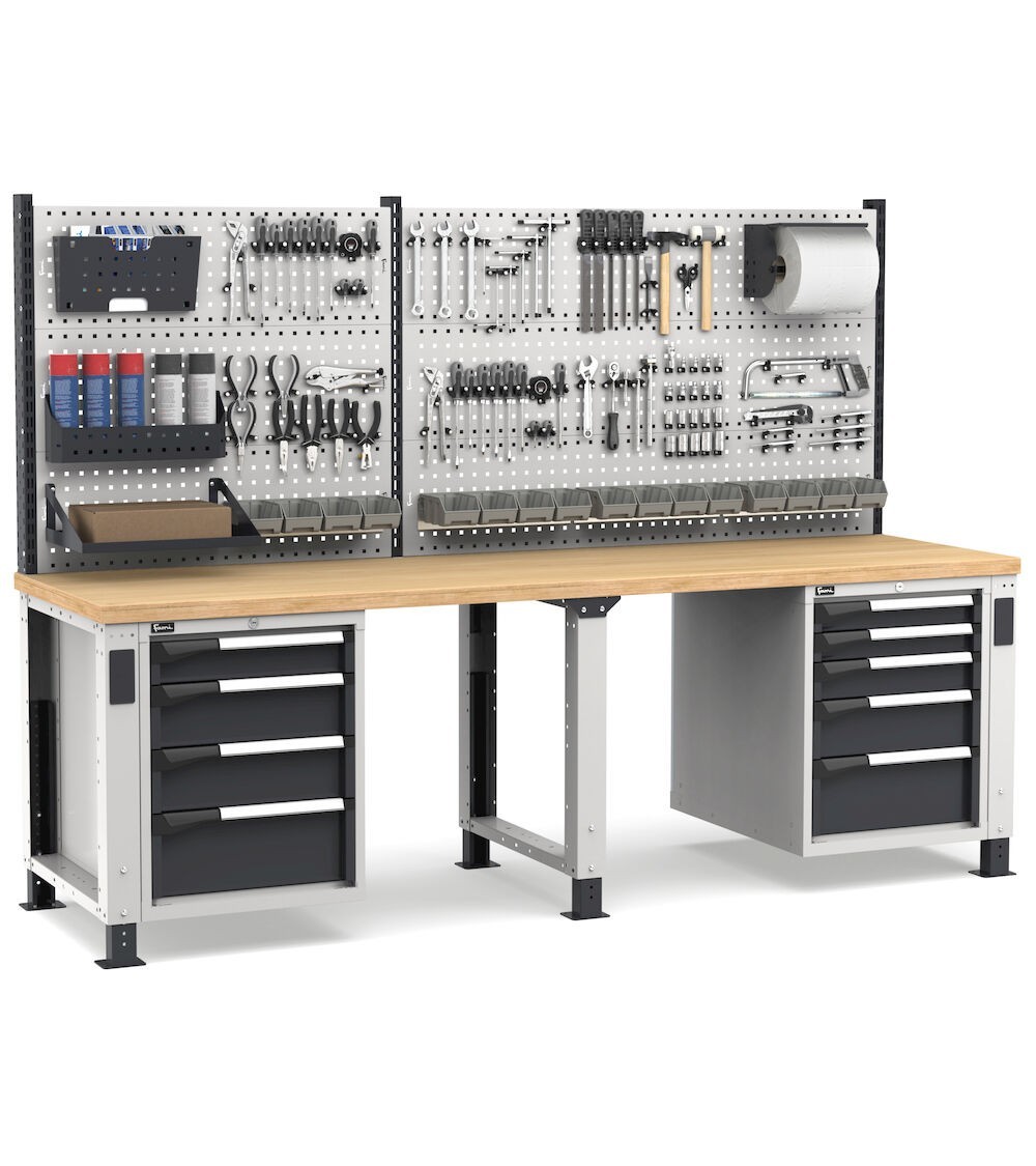 Banco professionale regolabile con parete e 9 cassetti, 250 cm, grigio e antracite