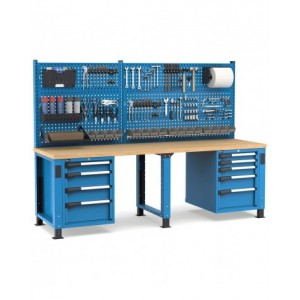 Banco professionale regolabile con parete e 9 cassetti, 250 cm, blu e antracite