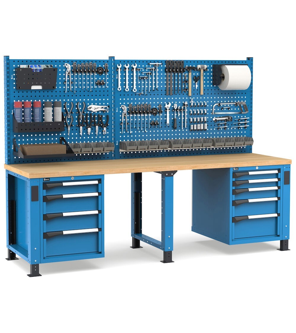 Banco professionale regolabile con parete e 9 cassetti, 250 cm, blu e antracite