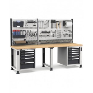 Banco professionale regolabile con parete e 11 cassetti, 250 cm, grigio e antracite
