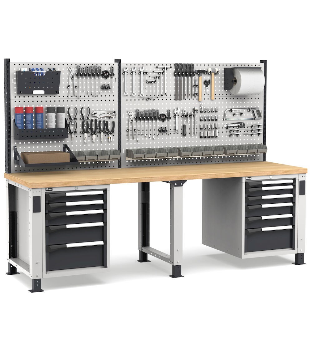 Banco professionale regolabile con parete e 11 cassetti, 250 cm, grigio e antracite