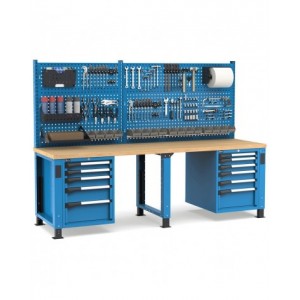 Banco professionale regolabile con parete e 11 cassetti, 250 cm, blu e antracite