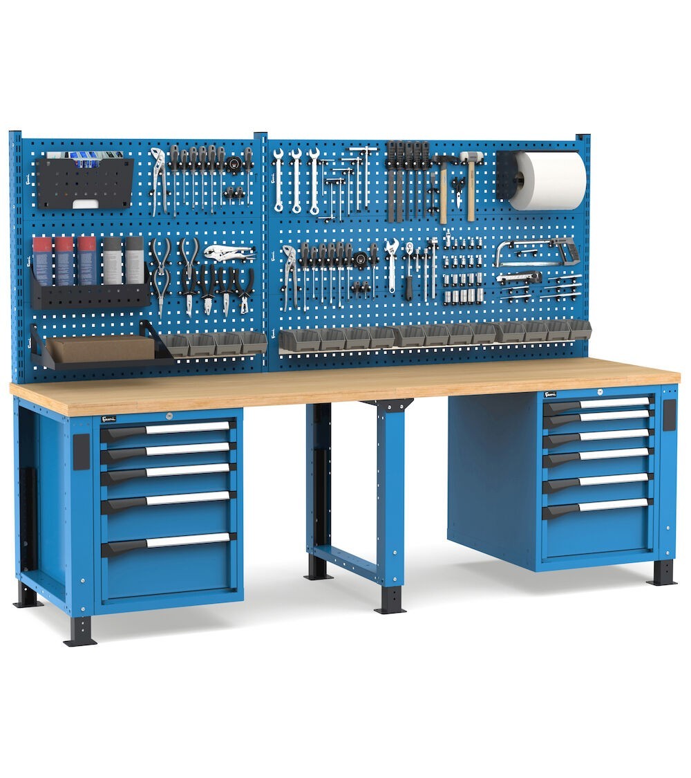 Banco professionale regolabile con parete e 11 cassetti, 250 cm, blu e antracite