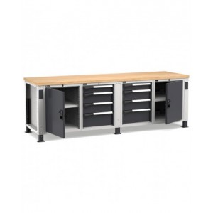 Banco professionale regolabile con  2 porte, 8 cassetti, 2 ripiani regolabili, 250 cm, grigio e antracite
