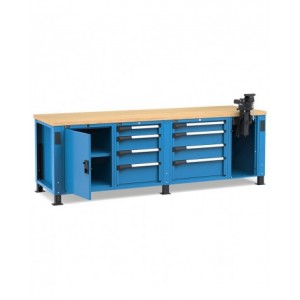 Banco professionale con 8 cassetti porta, ripiano regolabile e morsa, 250 cm, blu e antracite