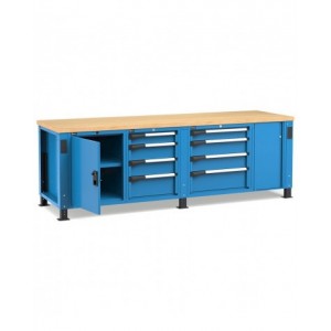 Banco professionale con 8 cassetti porta, ripiano regolabile e morsa, 250 cm, blu e antracite