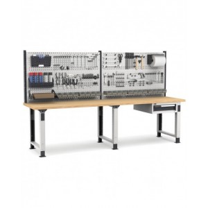 Banco professionale regolabile con parete e cassetto, 300 cm, grigio e antracite