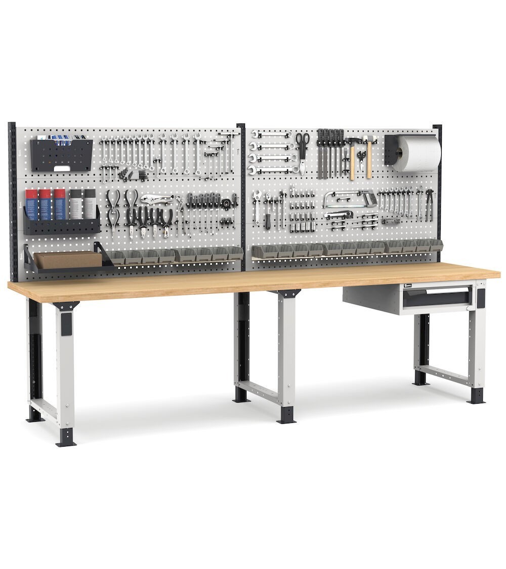 Banco professionale regolabile con parete e cassetto, 300 cm, grigio e antracite