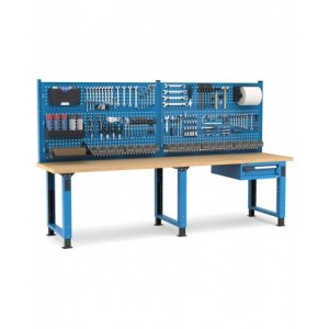 Banco professionale regolabile con parete e cassetto, 300 cm, blu e antracite