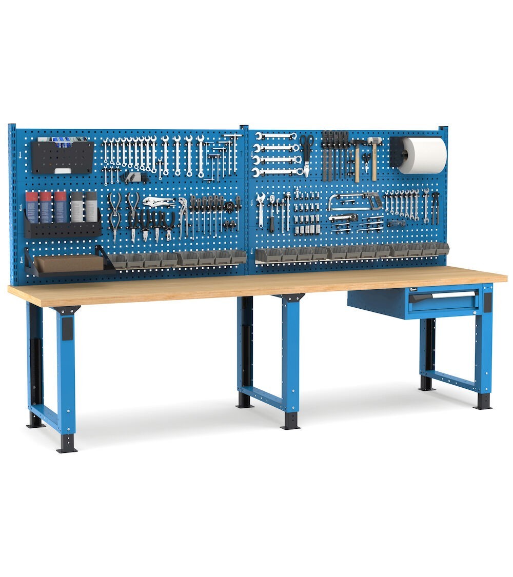 Banco professionale regolabile con parete e cassetto, 300 cm, blu e antracite