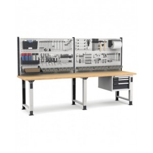 Banco professionale regolabile con parete e 3 cassetti, 300 cm, grigio e antracite