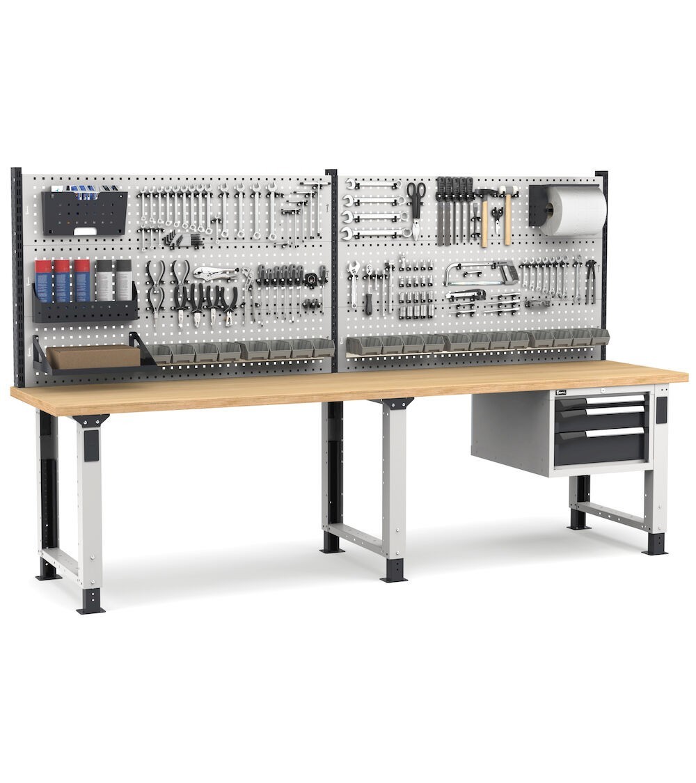 Banco professionale regolabile con parete e 3 cassetti, 300 cm, grigio e antracite