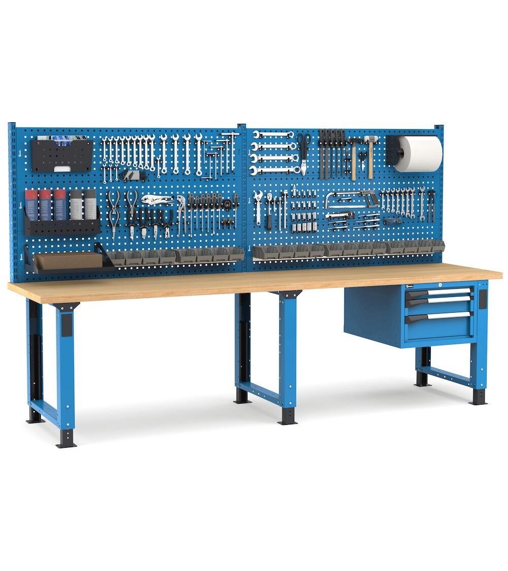 Banco professionale regolabile con parete e 3 cassetti, 300 cm, blu e antracite