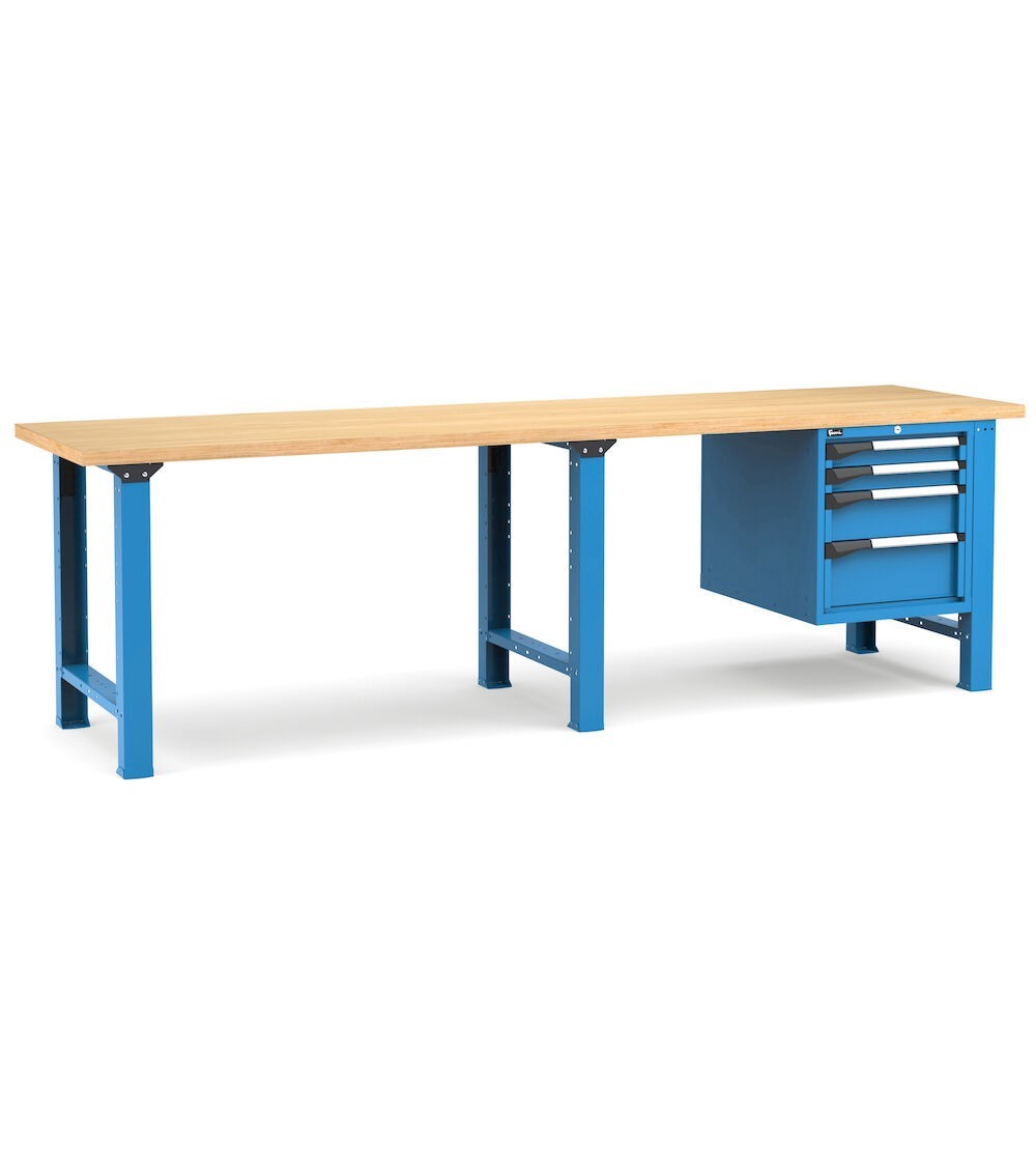 Banco professionale con 4 cassetti 2x75 1x150 1x200, 300 cm, blu e antracite