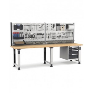 Banco professionale regolabile con parete e 4 cassetti 2x75 1x150 1x200, 300 cm, grigio e antracite