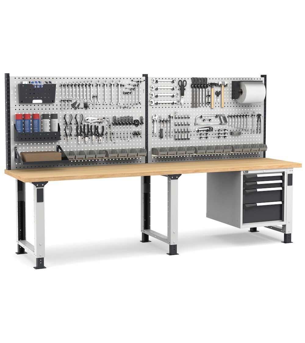 Banco professionale regolabile con parete e 4 cassetti 2x75 1x150 1x200, 300 cm, grigio e antracite