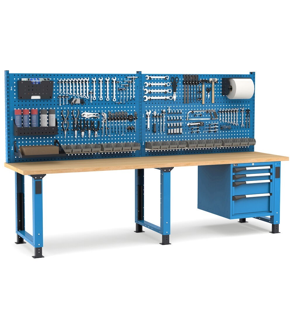 Banco professionale regolabile con parete e 4 cassetti 2x75 1x150 1x200, 300 cm, blu e antracite