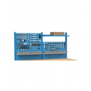 Banco professionale regolabile con parete e 4 cassetti 2x75 1x150 1x200, 300 cm, blu e antracite