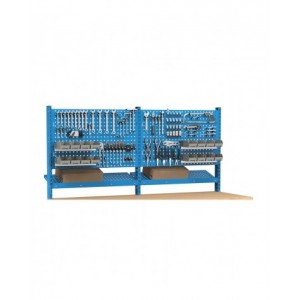 Banco professionale regolabile con parete e 4 cassetti 2x75 1x150 1x200, 300 cm, blu e antracite