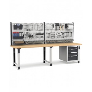 Banco professionale regolabile con parete e 4 cassetti 1x100 2x150 1x200, 300 cm, grigio e antracite