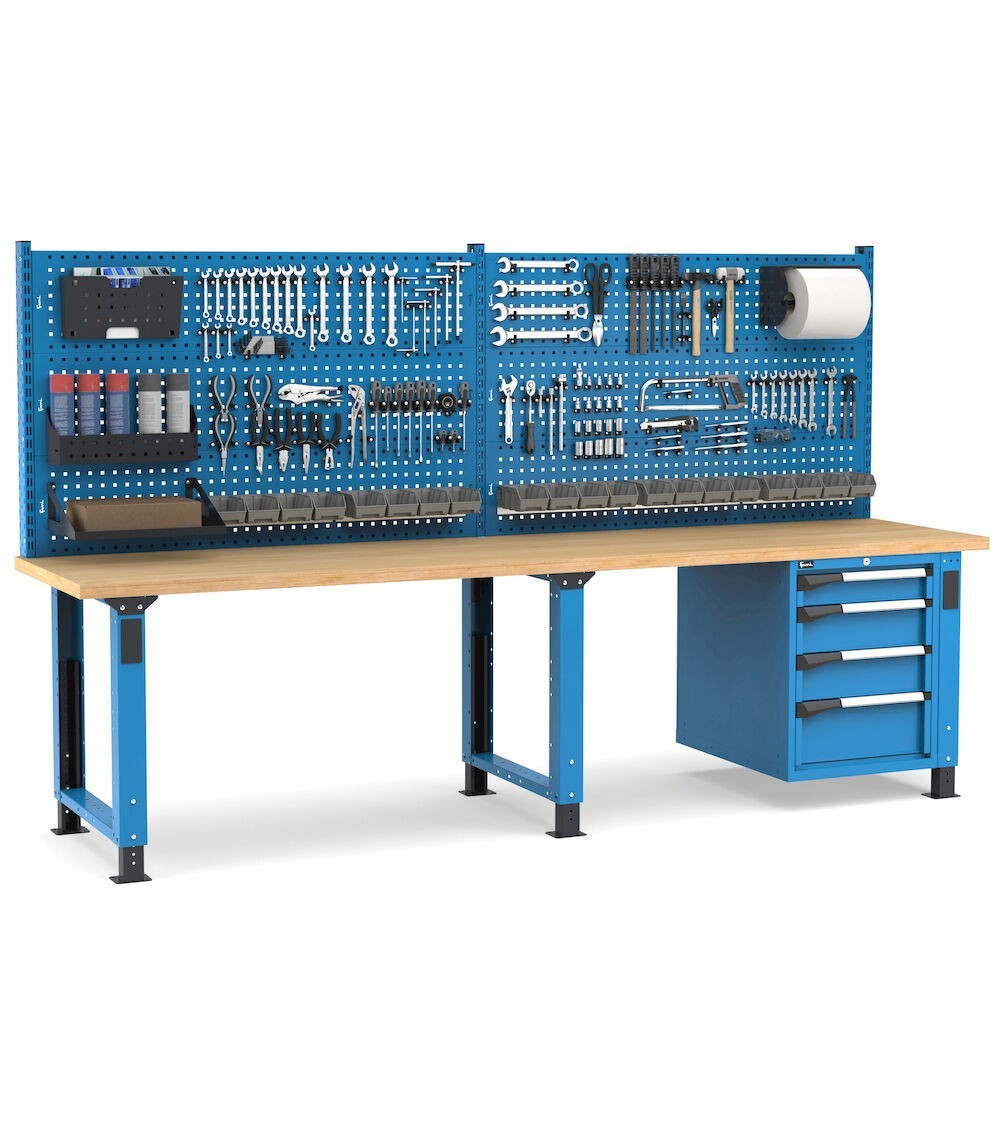 Banco professionale regolabile con parete e 4 cassetti 1x100 2x150 1x200, 300 cm, blu e antracite