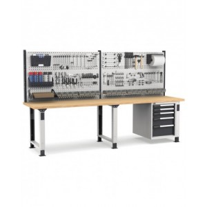 Banco professionale regolabile con parete e 5 cassetti, 300 cm, grigio e antracite