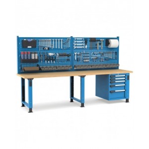 Banco professionale regolabile con parete e 5 cassetti, 300 cm, blu e antracite