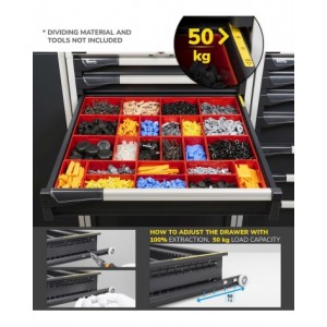 Banco professionale regolabile con parete e 5 cassetti, 300 cm, blu e antracite