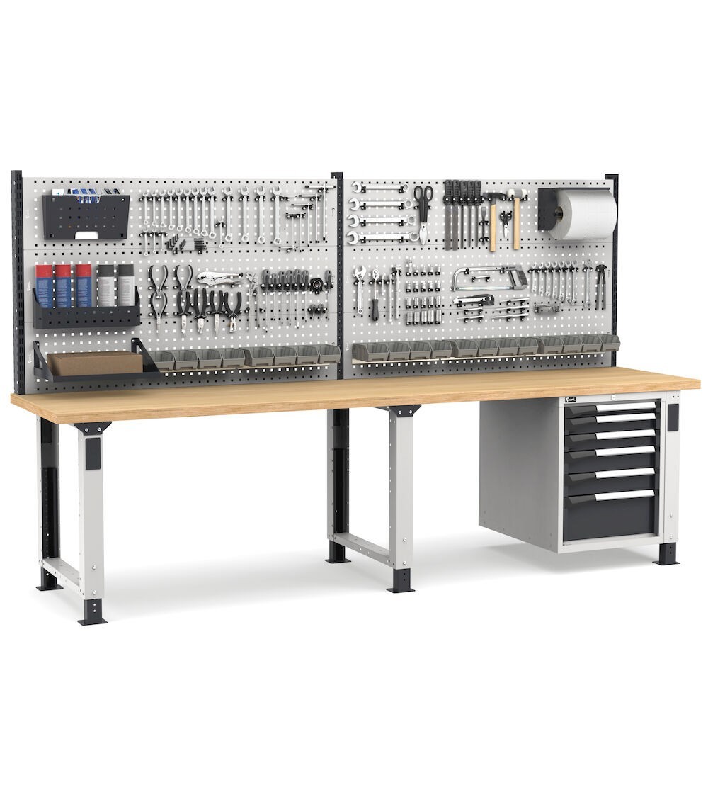 Banco professionale regolabile con parete e 6 cassetti, 300 cm, grigio e antracite