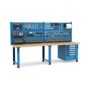 Banco professionale regolabile con parete e 6 cassetti, 300 cm, blu e antracite