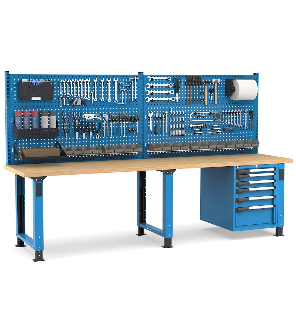 Banco professionale regolabile con parete e 6 cassetti, 300 cm, blu e antracite